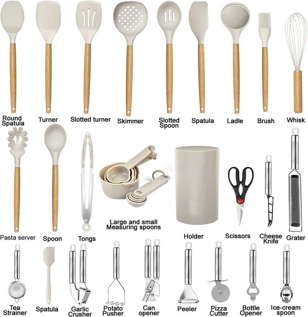 Skiennix Kitchen Utensils Set - 35-Piece Heat Resistant Silicone & Wooden Cooking Tools for Nonstick Cookware