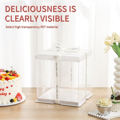 JCD 6 Pcs 2-Layer Tall Cake Packaging Boxes,8x8x9in Clear Cake Box with Ribbon,PET Cake Carrier Transport Container for Tiered Cake (White Lid, 8 * 8 * 9inch/6Pcs)
