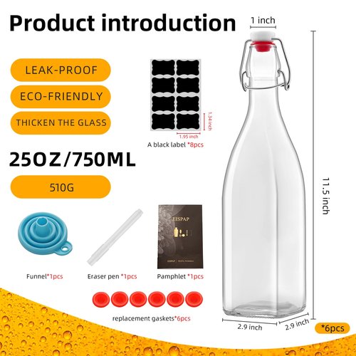 eispap 6 Pack 25oz Square Swing Top Glass Bottles, 750ML Bottles with Airtight Stoppers for Kombucha, Kefir, Vanilla Extract, Beer(Bonus Gaskets, Labels and Funnel)