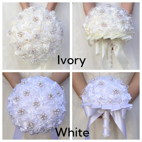 Gkvszy Ivory Bridal Wedding Bouquet Handmade with Rhinestone Pearl Ribbon Satin Rose Flower Bouquet for Bride Bridesmaid Quinceanera Bouquet Wedding Ivory 8.7in