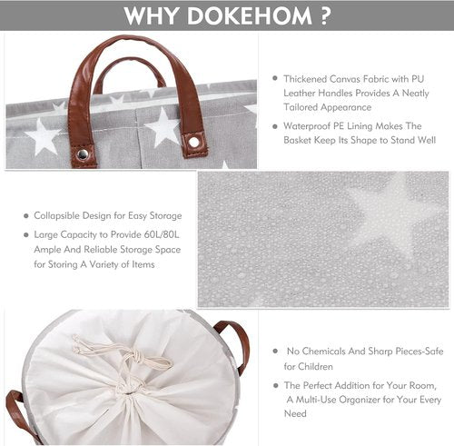 DOKEHOM 24-Inch Extra Large Laundry Basket - Collapsible Drawstring Hamper with Lid & Handle (Grey Star)