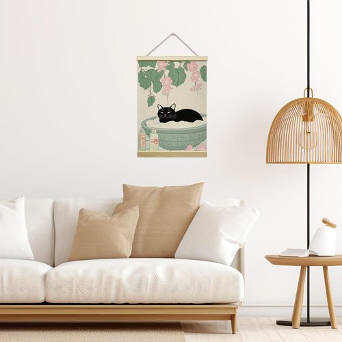 LETUROIA Japanese Cat Bathroom Poster Frame - Black Cat Aesthetic Canvas Wall Art (12x16") for Home Spa Decor