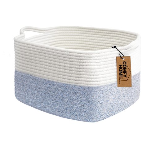 Comfy-Homi Cotton Rope Woven Storage Basket - Stylish Organizing Bin with Handles | 13.5"x11"x9.5" (White/Blue)