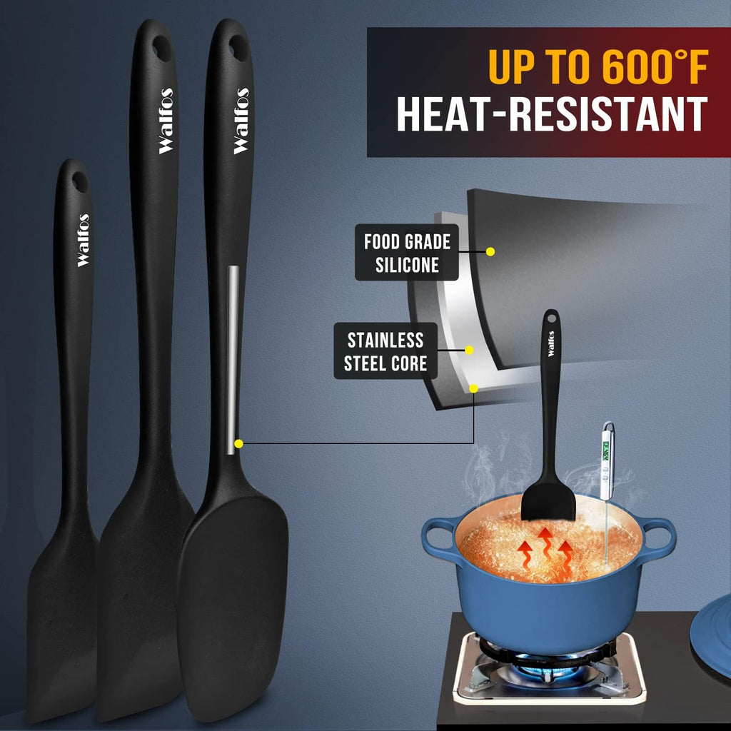 Walfos Silicone Spatula Set of 5 - High Heat Resistant Kitchen Scrapers (600°F) | BPA Free & Dishwasher Safe, Black