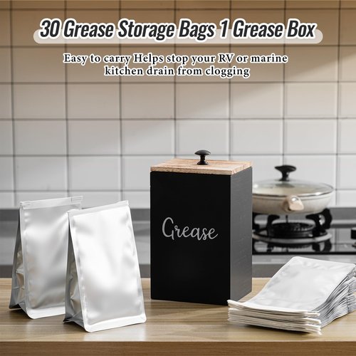 Hushee 35 Set Grease Disposal Container for Kitchen with 30 Foil Liners Disposable Grease Bags Bulk Wooden Storage Bin 4 Clip Bacon Cooking Oil Container Help Stop Kitchen Drains from Getting Clogged