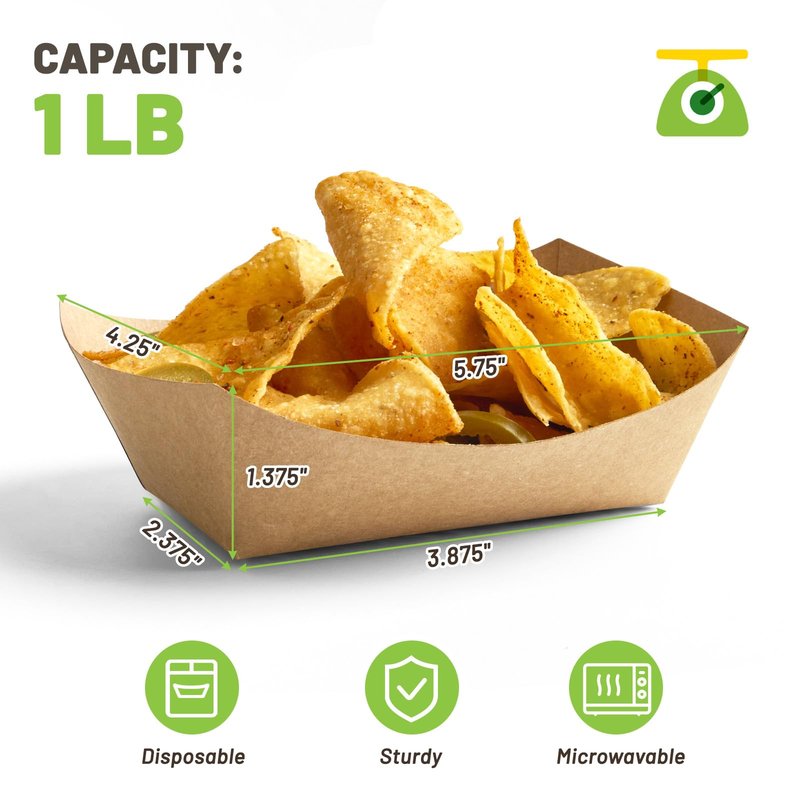 ZORRITA 1 Lb Small Paper Food Trays - 250 Pack Disposable Food Boats, Kraft Food Holders Brown Take Out Serving Baskets for Party Nachos Snacks Tacos Fries