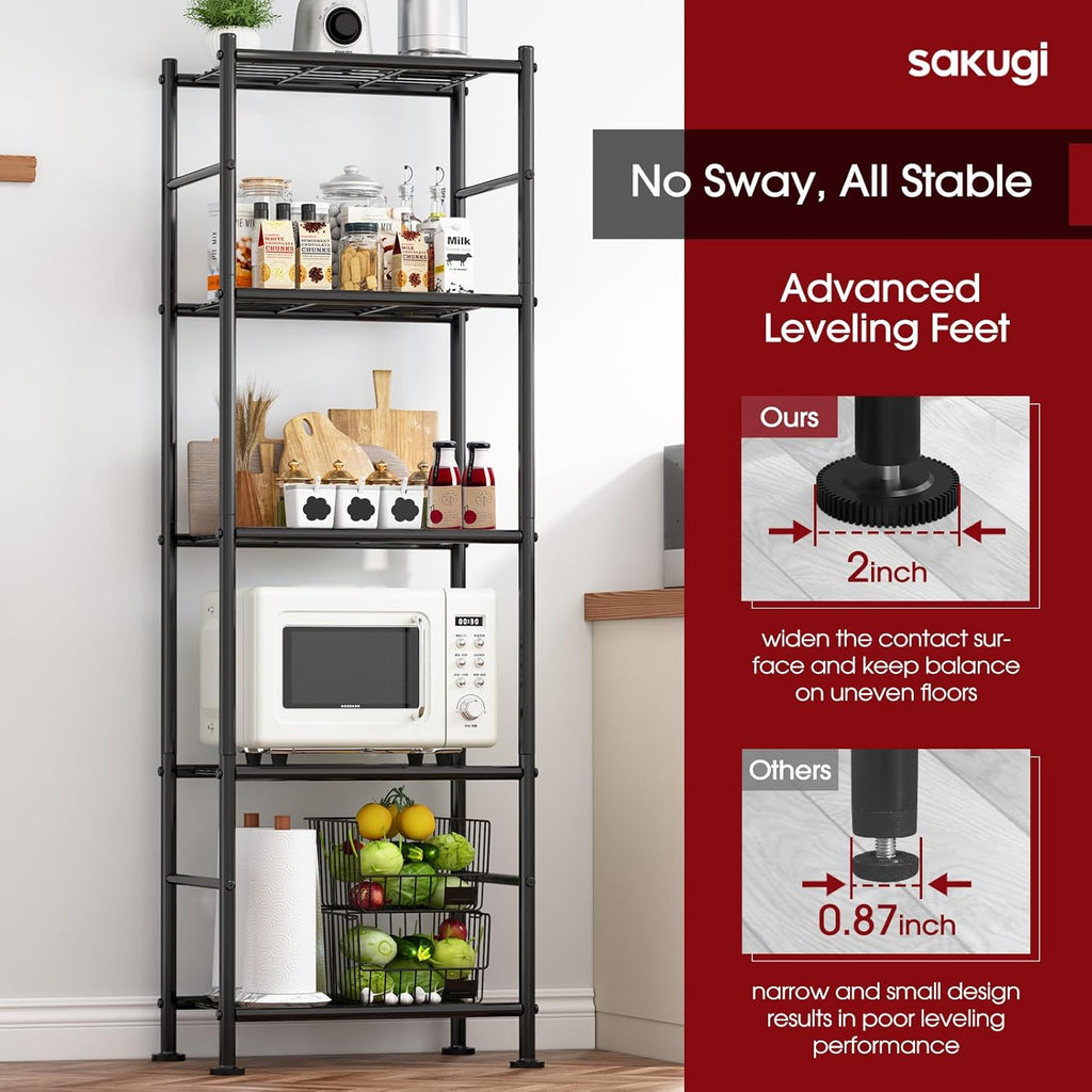 Sakugi Storage Shelves - Heavy Duty 5-Tier Shelf Organizer | Stable Metal Unit for Kitchen, Pantry & Closet - 18.4" W x 12.6" D x 57.4" H, Black
