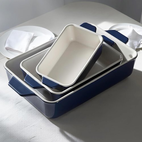 Kook Casserole Dish Set - Durable Ceramic Baking Pans with Handles | 3 Sizes: 92oz, 50oz, 20oz - Navy