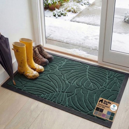 GORILLA GRIP Waterproof All-Season WeatherMAX Doormat - 47x35 Natural Rubber, Stain & Fade Resistant, Easy Clean Green Palm
