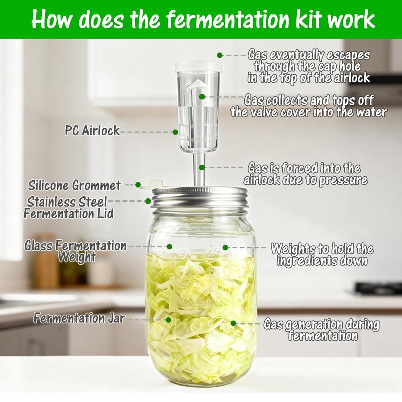 32 oz Mason Jar Fermentation Kit, 2 Pack Fermentation Jars, Fermentation Lids, Fermenting Weights and Airlocks, Complete Fermenting Kit for Making and Storing Sauerkraut（Pack of 2）