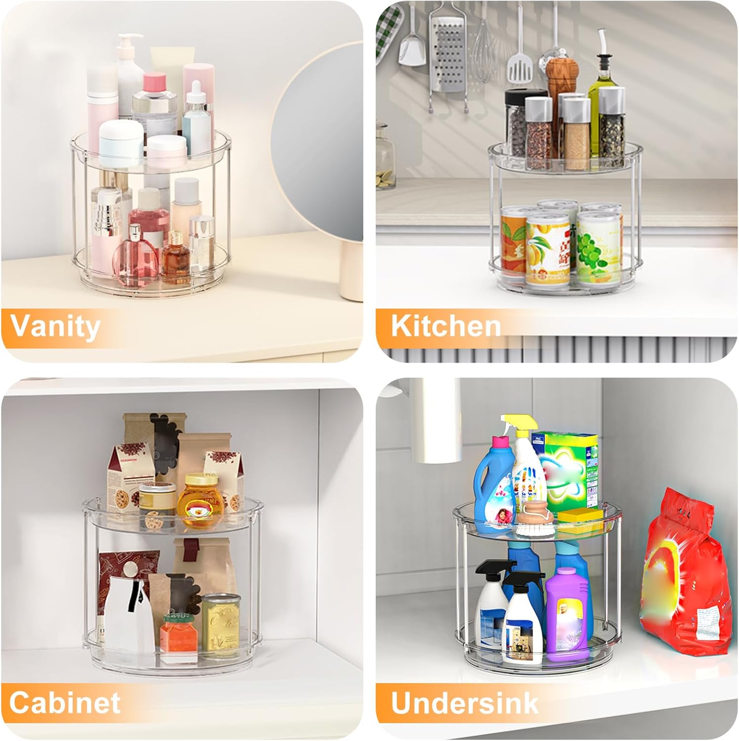Skiennix 360 Rotating Makeup Organizer - 2 Tier Clear Lazy Susan Turntable for Vanity & Bathroom