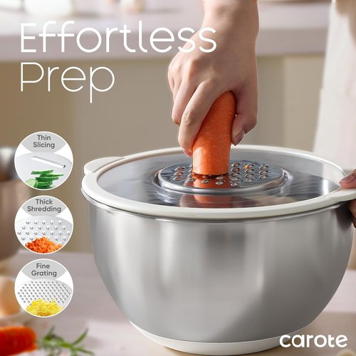 CAROTE Stainless Steel Mixing Bowls Set - 12 Pcs with Airtight Lids & Grater Attachments | Non-Slip Bottoms, Various Sizes