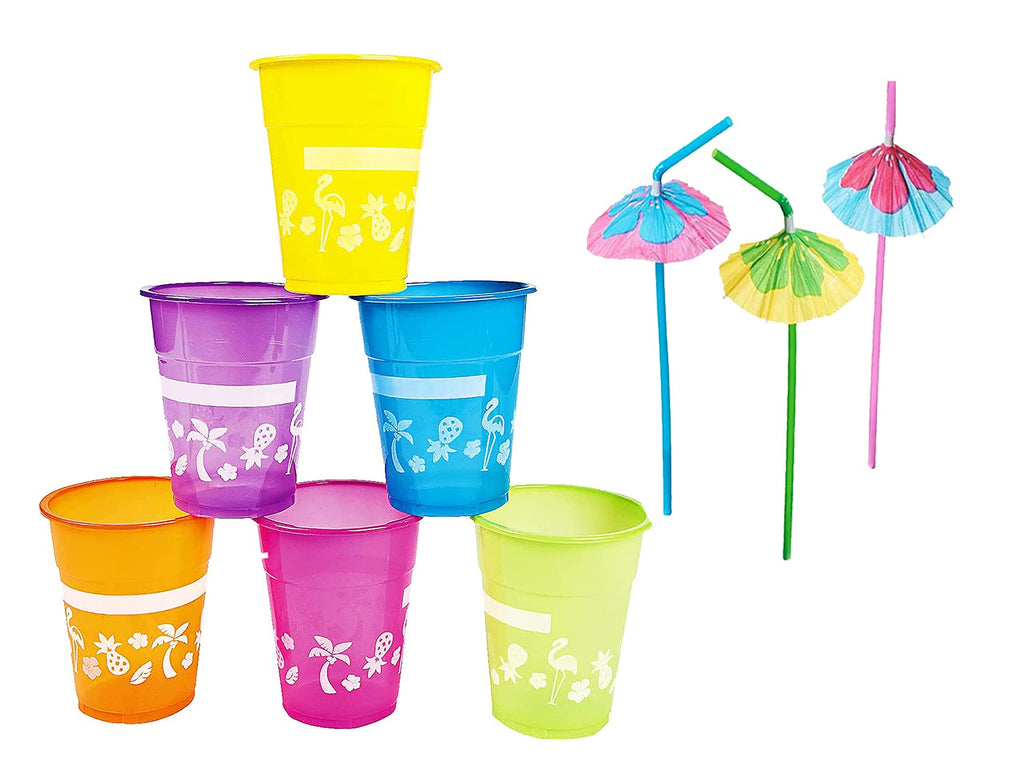4E's Novelty 48 Packs Tropical Party Cups with Parasol Straws - Disposable Plastic Cups 16oz BPA free, for Hawaiian Luau Party and Pool Parties, Beach Theme Birthday Decorations for Kids & Adults