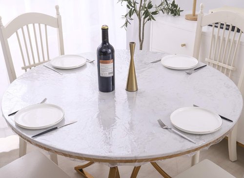 Walrus Clear Round Vinyl Fitted Tablecloth Waterproof Oilcloth Heavy Duty Elasticized Table Cover Elastic Edge Design Plastic Tablecloth Protector for Round Table