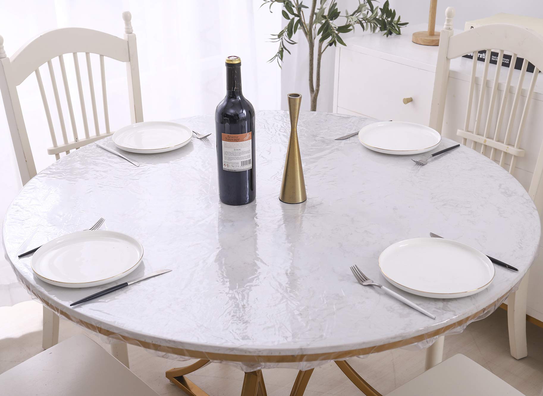 Walrus Clear Round Vinyl Fitted Tablecloth Waterproof Oilcloth Heavy Duty Elasticized Table Cover Elastic Edge Design Plastic Tablecloth Protector for Round Table