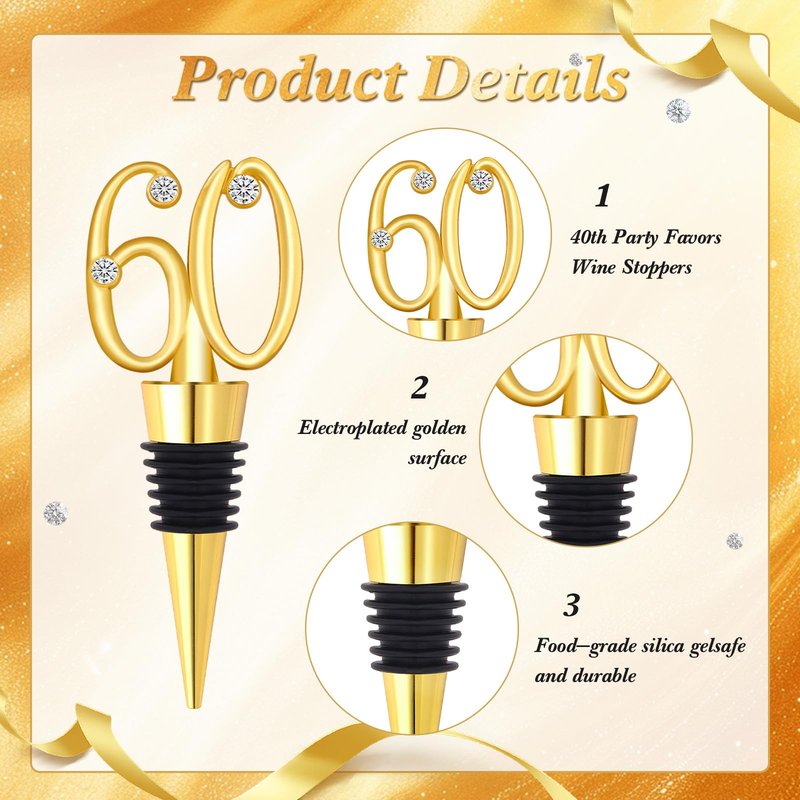 30Pcs 60th Birthday Wine Stopper Party Favors Gold Wedding Favor Wine Bottle Anniversary Wine Stopper Souvenirs for Guests Wine Bottles Stopper Decorative for Wedding Anniversary Parties(60th)