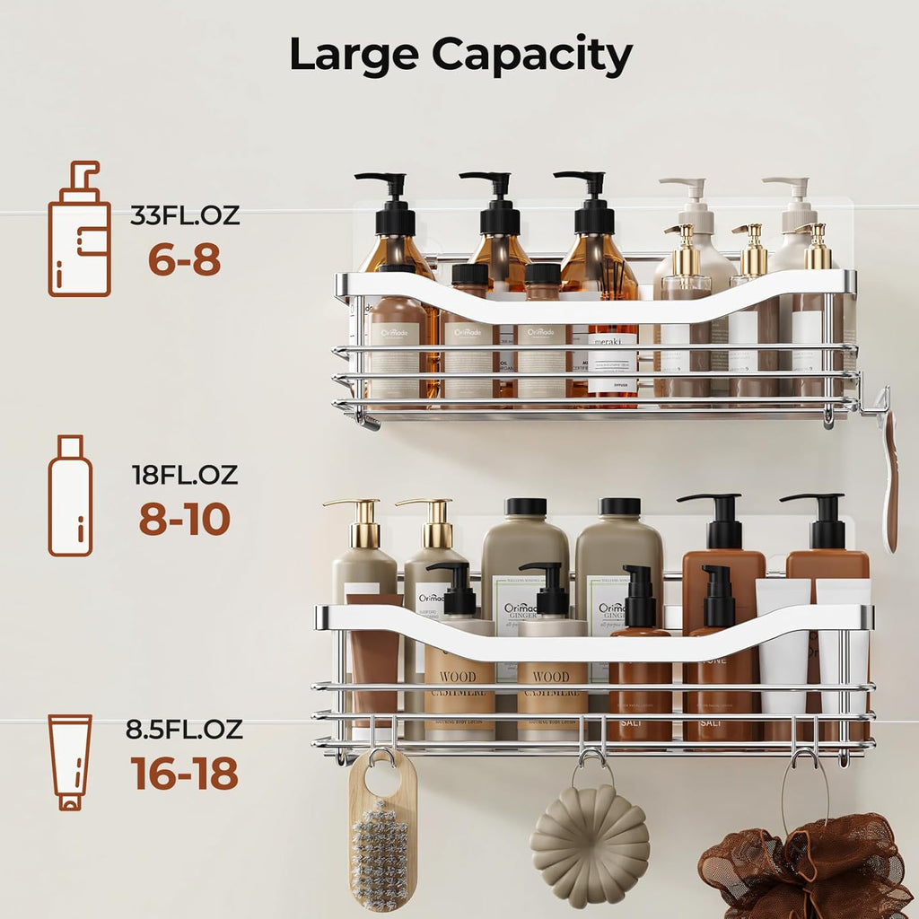 Orimade Shower Caddy - Wall-Mounted Storage Rack | Rust-Resistant Stainless Steel, Pack of 2 with 5 Hooks