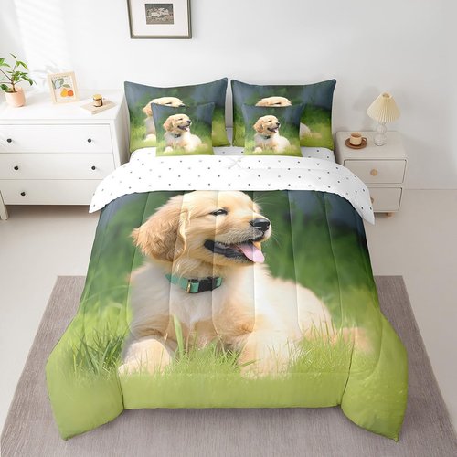 Erosebridal Pup Dog Comforter Set 7 Piece Bed in a Bag Twin,Kawaii Puppy Bedding Sets Cute Pet Animal Sheet Set with Comforter