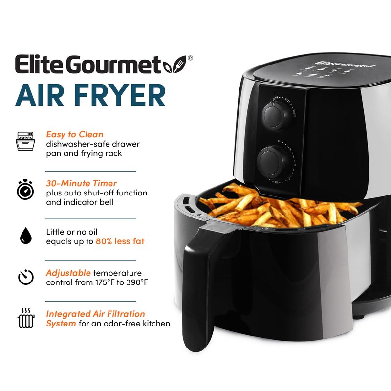 Elite Gourmet EAF-4617X Electric Digital Hot Air Fryer, 1350Watts, Oil-Less Healthy Cooker, Timer & Temperature Controls, 4 Quart, Black