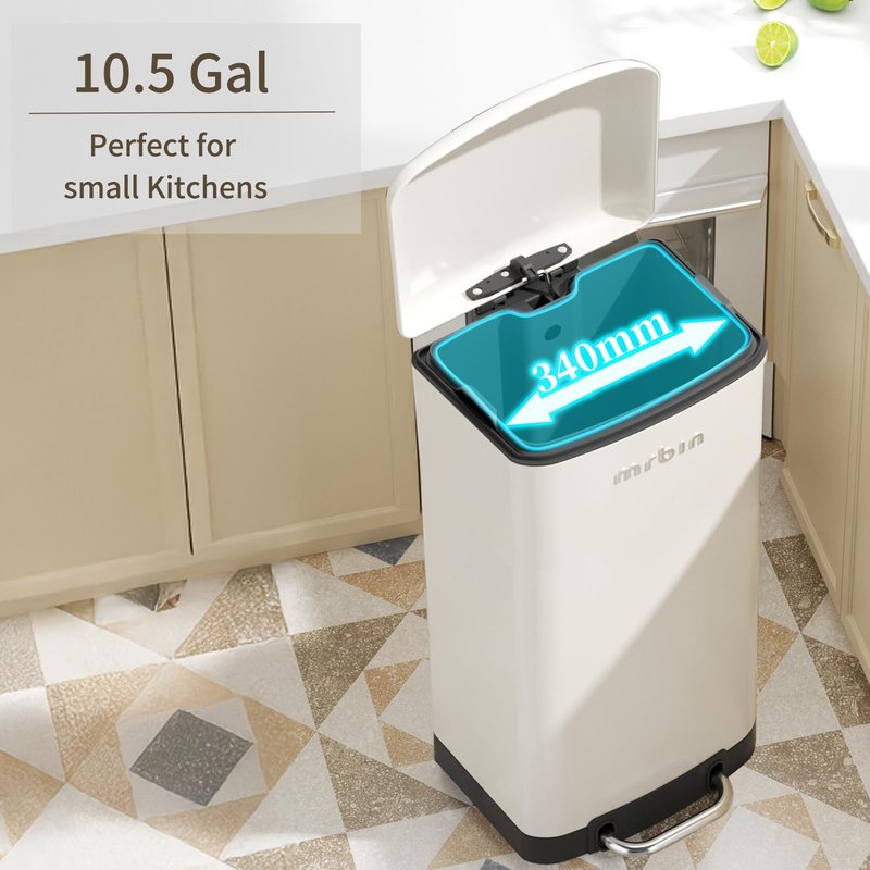 MRBIN Small Bathroom Trash Can with Lid, Metal Step Waste Basket Touchless Soft Close, 6L / 1.6gal Rectangle Garbage Bucket with Stainless Steel Pedal for Kitchen, Office, Bedroom Accessories, White