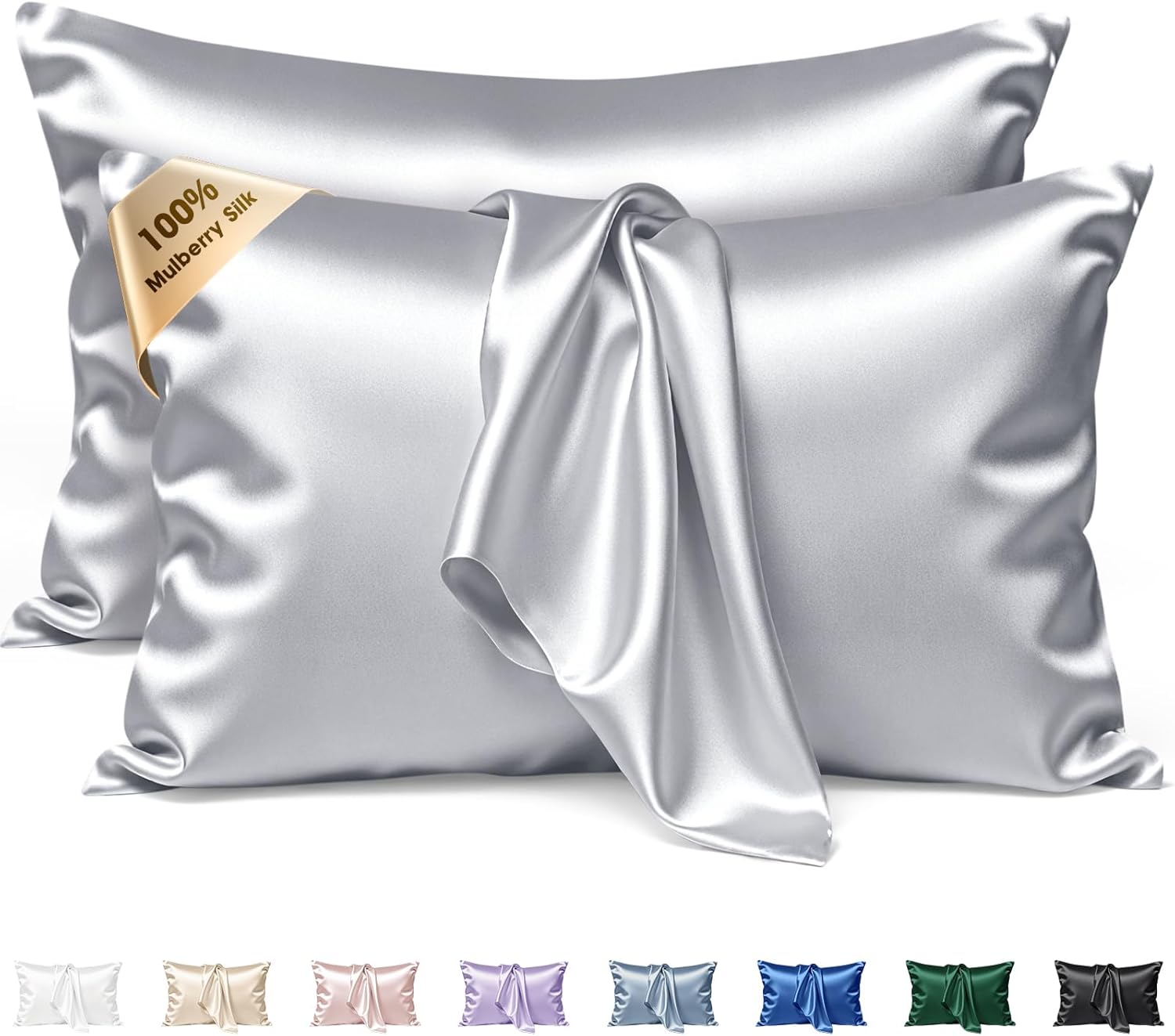 Mulberry Silk Pillowcases by Skiennix - 2 Pack Queen Size 30x20 Inches | Soft, Breathable & Cooling Grey