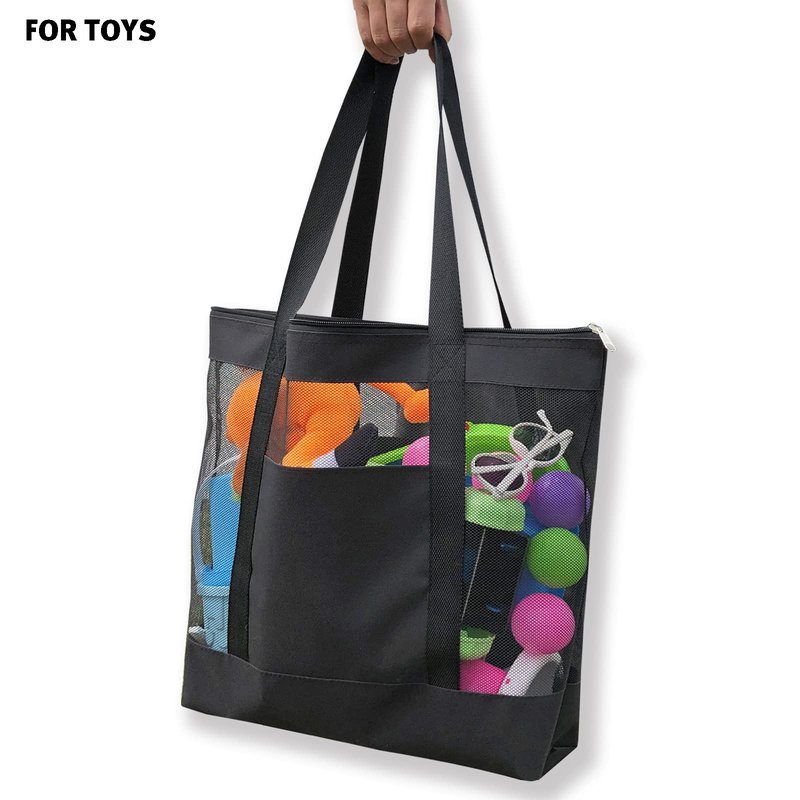 hsmyank 2Pack Mesh Tote Bag,Sandproof Beach Bags with Zipper &Double Pocket For Groceries,Poolside,Travel,Towels (Black)