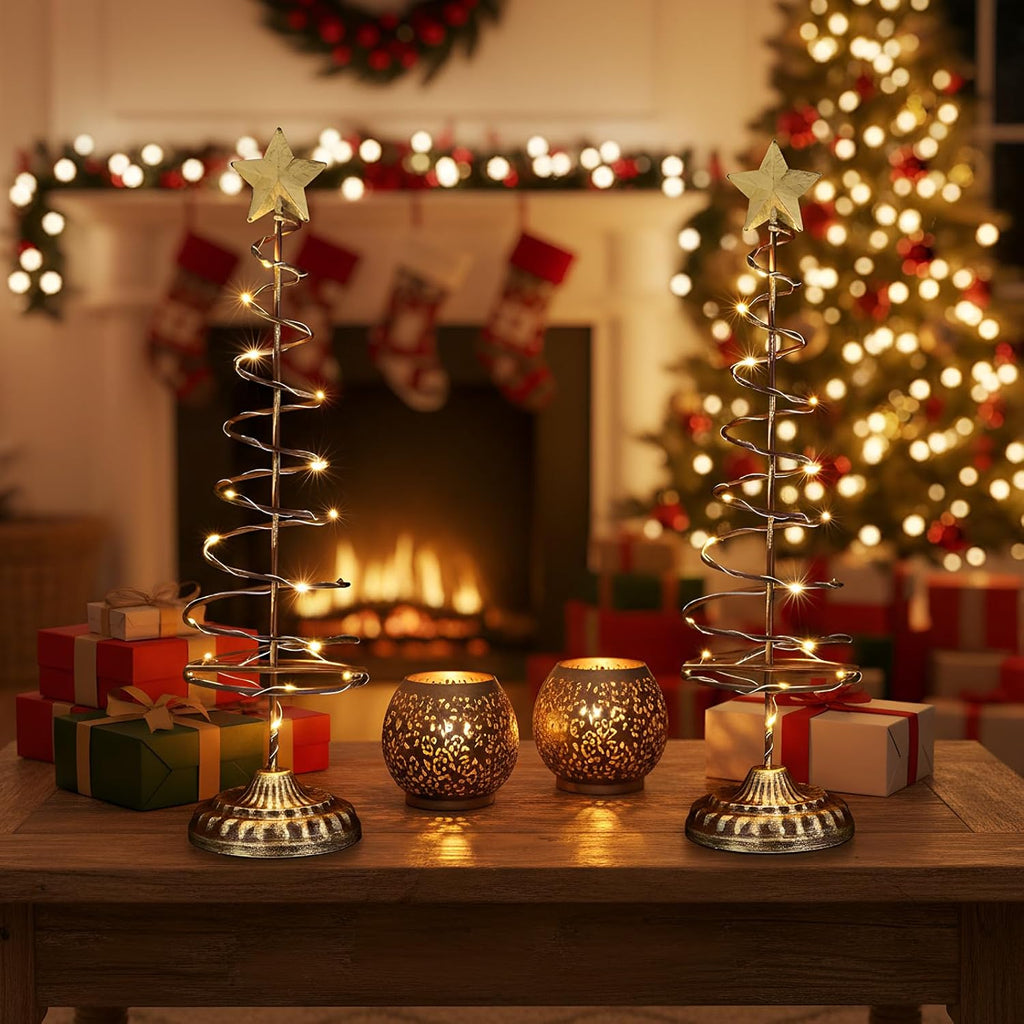 Skiennix Lighted Christmas Tree Table Decoration - Set of 2 Mini Prelit Xmas Trees with Golden Star | Battery Operated, Gold