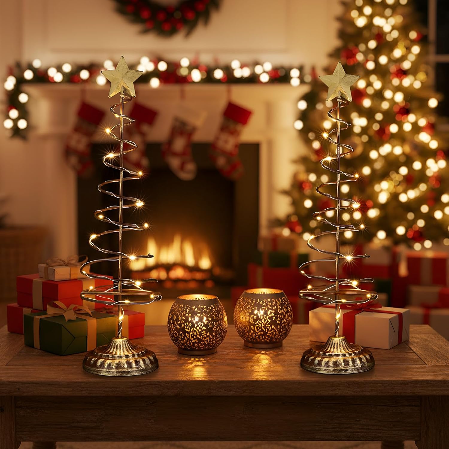 Skiennix Lighted Christmas Tree Table Decoration - Set of 2 Mini Prelit Xmas Trees with Golden Star | Battery Operated, Gold