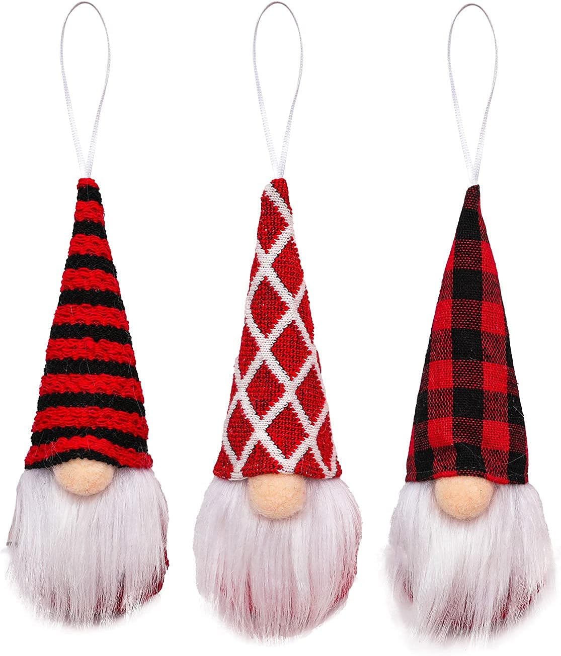 Tomte Gnome Christmas Ornaments Set of 3 - Plush Decorative Hanging Ornaments for Trees | Red