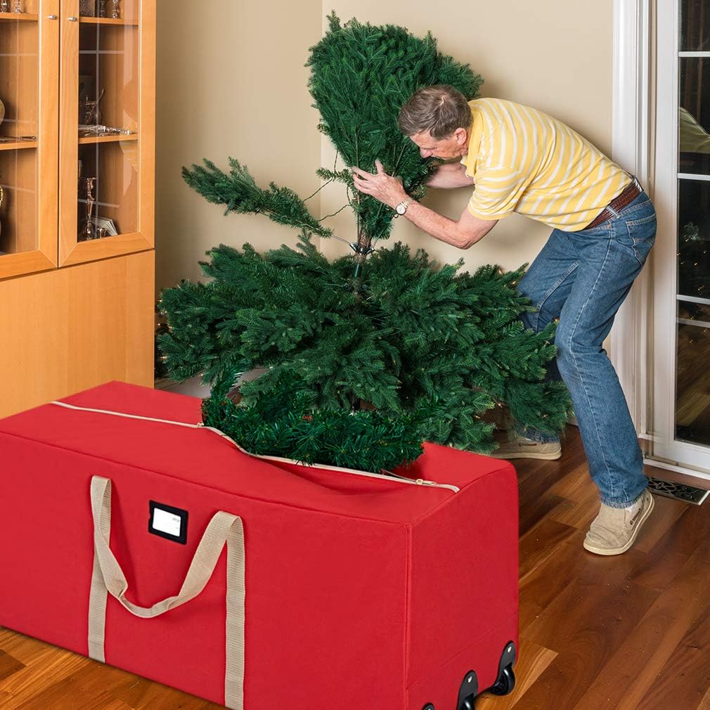 ProPik Christmas Tree Storage Bag - Extra Large Heavy Duty with Wheels | Fits Up to 9 ft Trees, 28"x16"x60", Red