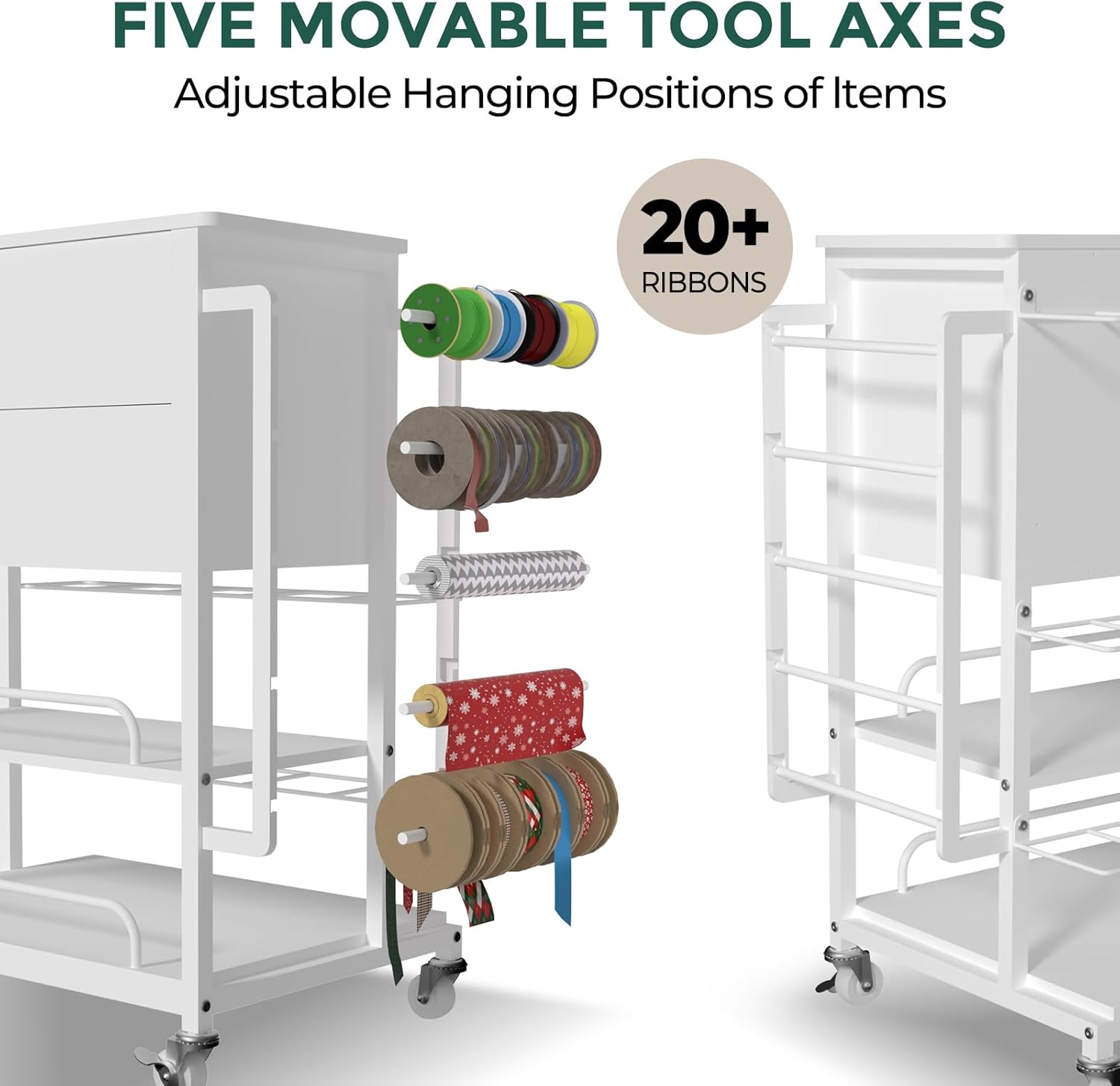 Skiennix Wrapping Paper Organizer - Stylish Craft Cart with Ribbon & Gift Bag Storage | White with 2 Drawers