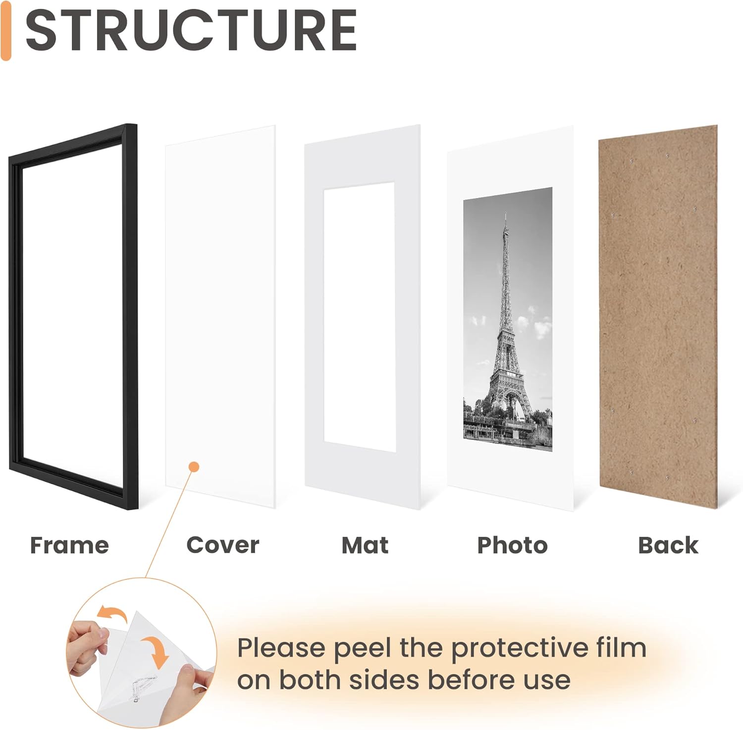 Upsimples A4 Picture Frame Set of 5 - Display 6x8 Photos with Mat or 8.3x11.7 Without - Black Wall Gallery Frames