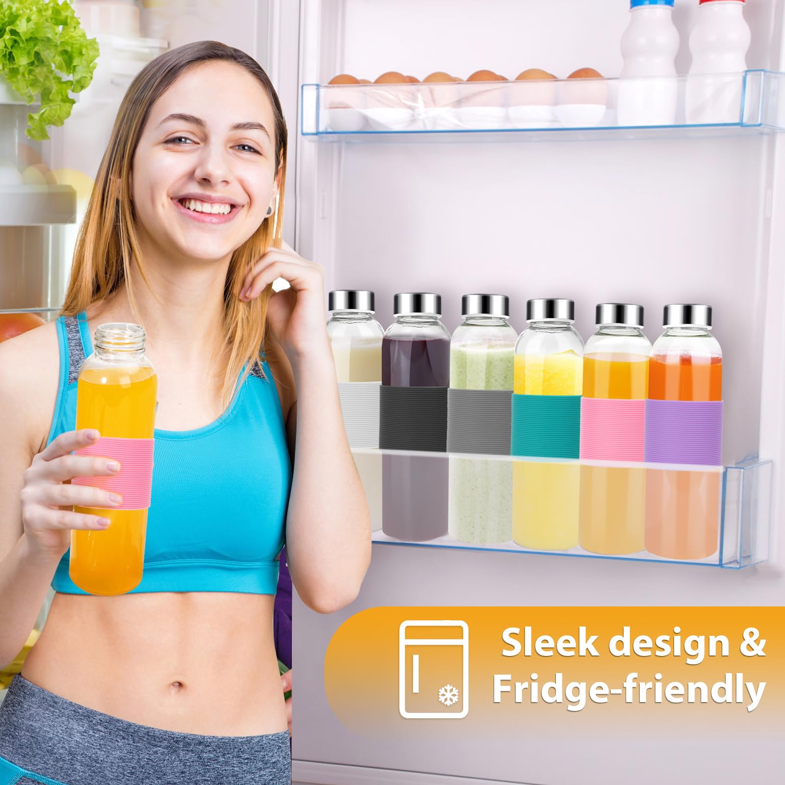 PROBTTL 18 oz Glass Juice Bottles with Lids – Refillable Clear Glass Water Bottles with Stainless Steel Airtight Caps, Dishwasher Safe, Reusable Drinking Juice Containers (6-Pack, With Sleeves)