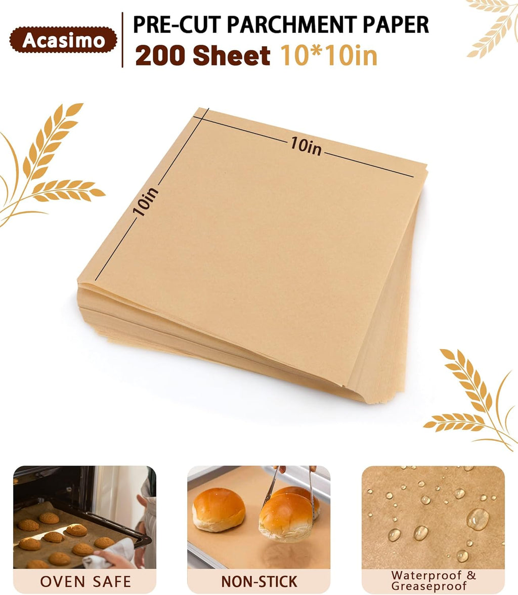 Parchment Paper Sheets by [Brand Name] - 200 Precut Non-Stick Squares for Baking & Air Frying | 10x10 in Brown