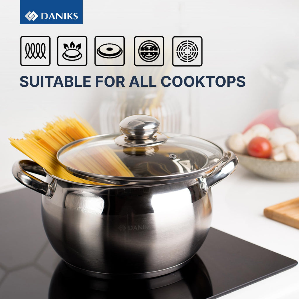 Daniks Classic 6-Piece Stainless Steel Cookware Set with Glass Lids, Tri-Ply Bases for Even Heating, Induction Compatible, Dishwasher Safe