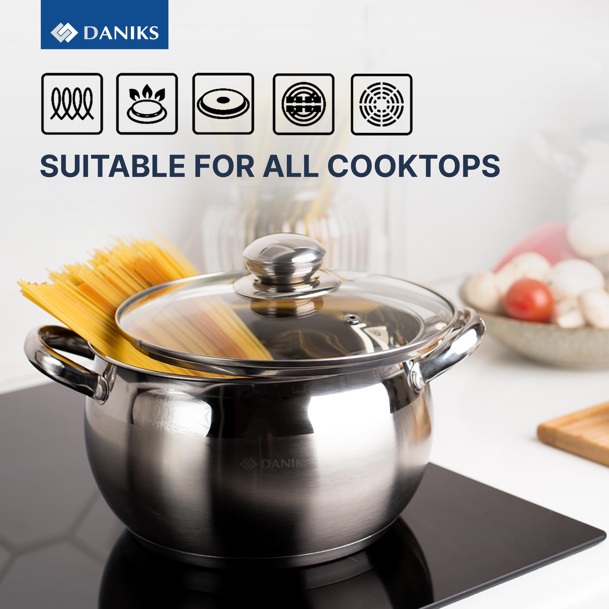 Daniks Classic 6-Piece Stainless Steel Cookware Set with Glass Lids, Tri-Ply Bases for Even Heating, Induction Compatible, Dishwasher Safe