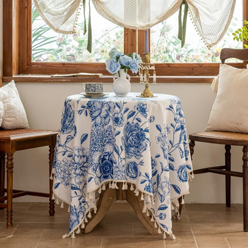 F-CHU Blue Floral Tablecloth Square Cotton Linen Table Cloth with Tassels for Restaurant, Picnic, Indoor and Table Cover Home Decoration 60x60-Inch