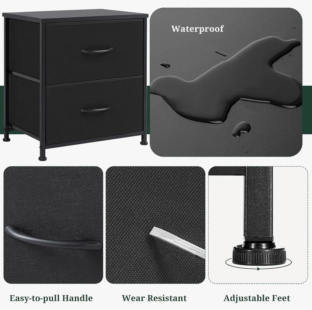 Nightstand | Small 2-Drawer Dresser by [Brand Name] - Stylish Wooden Top & Fabric Bins, Black, 11.8" D x 18" W x 20" H