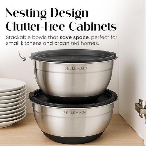 Bellemain Mixing Bowls Set - Stainless Steel Bowls with Airtight Lids | 3-Piece Kitchen Essentials for Baking & Serving