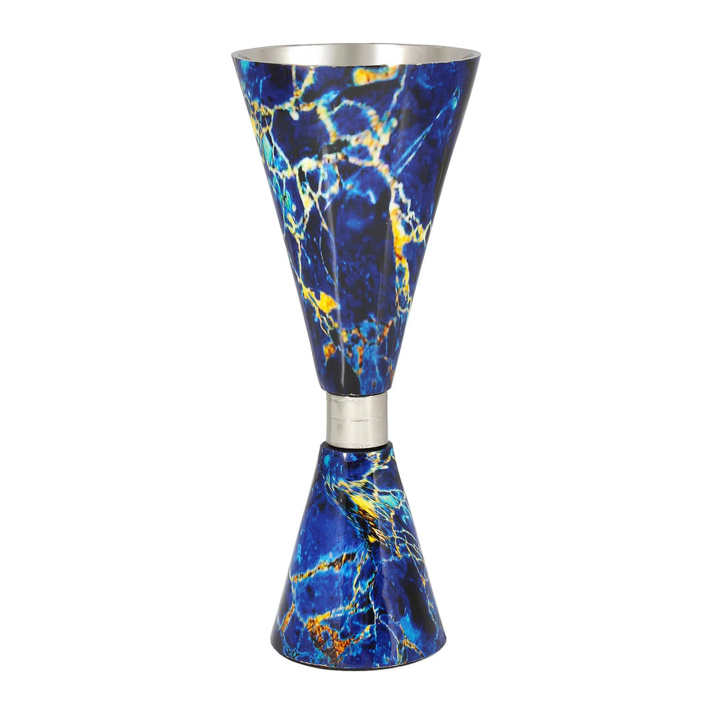 Elegant End of Shabbat Havdalah Set Contemporary Style Nickel Plated Blue Marble Decal - Footed Kiddush Cup Goblet, Tray, Havdulah Candle Holder, Besamim Spice Box Shabbos Decoration by Zion Judaica