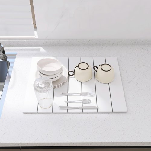 Hopegiver Stone Drying Mat for Kitchen Counter, 16" x 12" Quick Dry Diatomaceous Earth Dish Drying Mat, Super Absorbent, Non-Slip & Foldable, Modern White Countertop Mat (White,16''x12'')