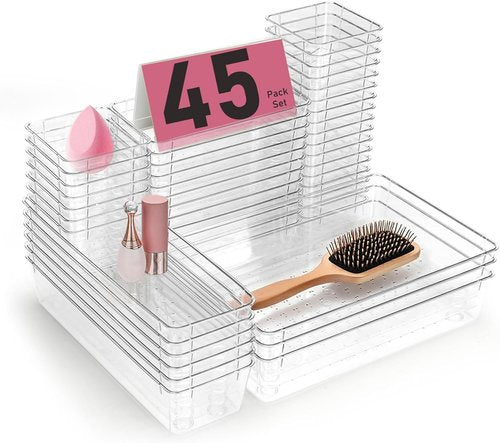 Clear Plastic Drawer Organizers by [Brand Name] - Set of 45 Stackable Storage Bins for Makeup, Kitchen Utensils & Jewelry