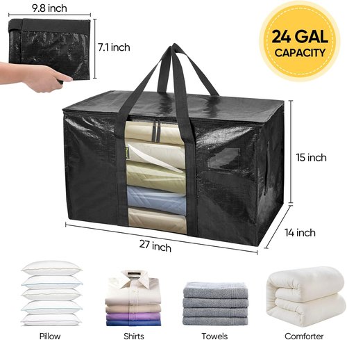 BALEINE 4-Pack Heavy-Duty Moving Bags - Oversized Storage Totes with Reinforced Handles | Black w/Window