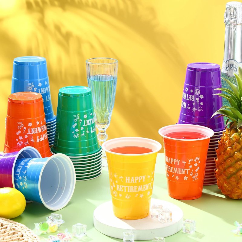 Mimorou 60 Pcs 16 oz Happy Retirement Disposable Party Plastic Cups Beverage Drinking Cups Plastic Juice Cups for Hawaiian Retirement Party Theme Decorations Drinks Soda Barbecues Picnics Supplies