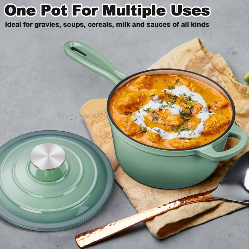 Enameled Cast Iron Sauce Pan with Lid, Leonyo 1 Quart Saucepan with Lid, Enamel Cast Iron Dutch Oven Kitchen Cookware for All Cooktops Cooking Soup, Milk - Up to 500°F & 4.4Lbs, Pistachio Green