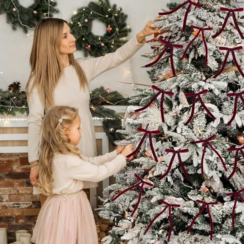 Skiennix Burgundy Velvet Christmas Tree Bows - 30 Pcs 5x7 Inch Rustic Decor for Wreaths & Garlands