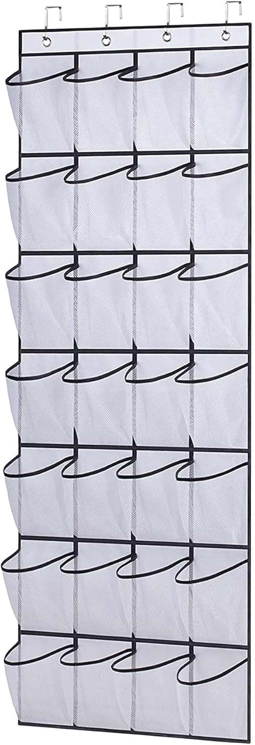 Over The Door Shoe Organizer - 28 Mesh Pockets for Space-Saving Storage | White Hanging Rack
