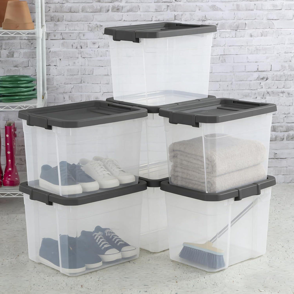 Stacker Box 76 Quart - Heavy-Duty Clear Plastic Storage Bin with Secure Latch Lid | Dark Gray