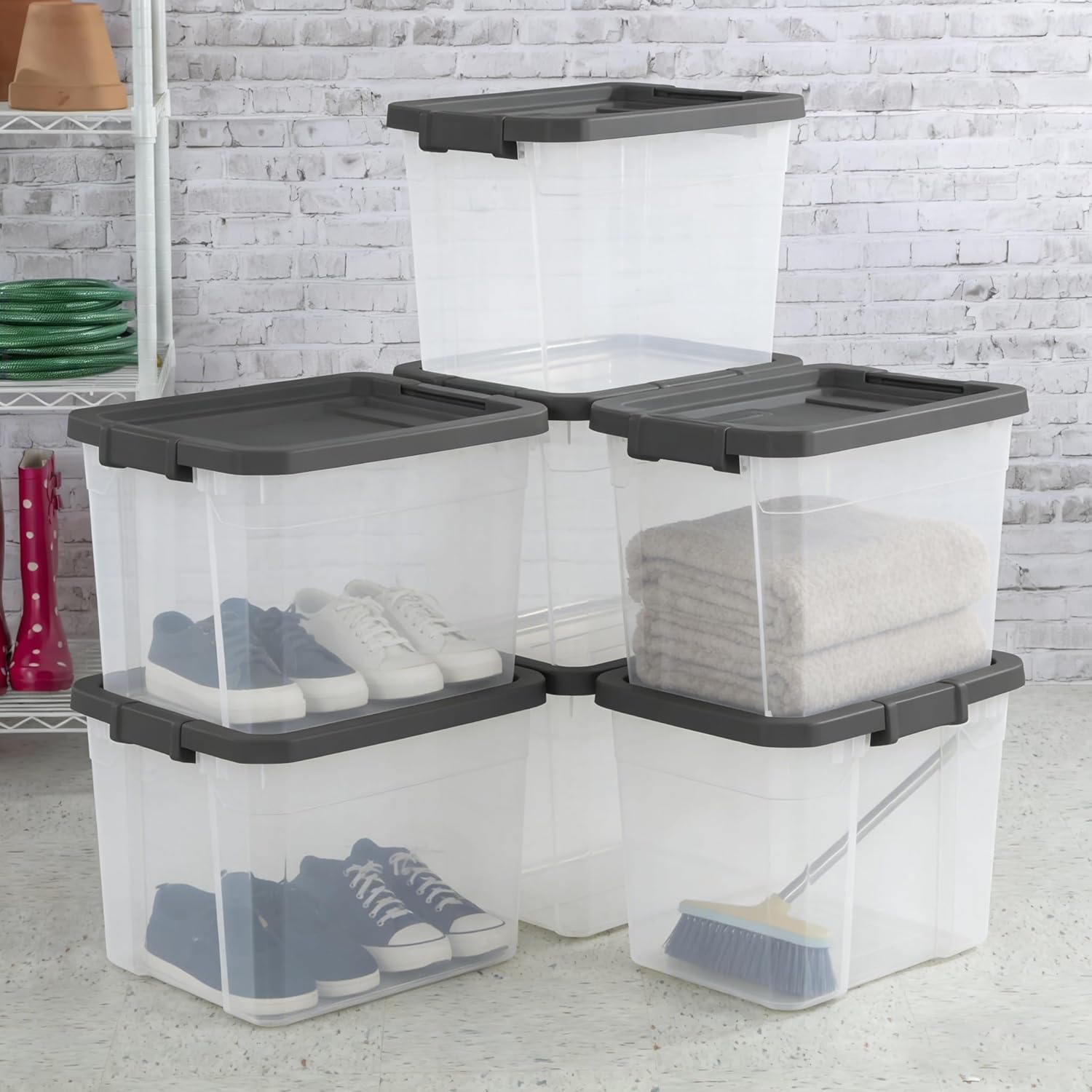 Stacker Box 76 Quart - Heavy-Duty Clear Plastic Storage Bin with Secure Latch Lid | Dark Gray