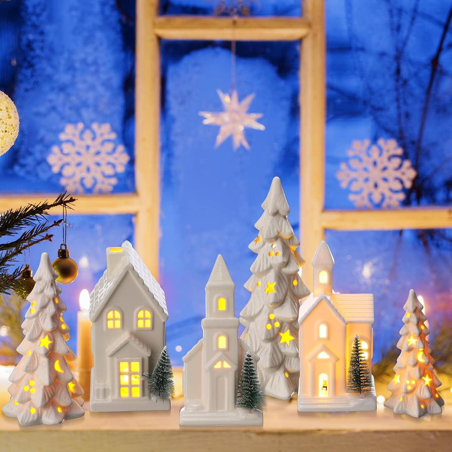 Nuogo Light Up Ceramic Christmas Trees Set - 6 Pcs White LED Trees & Glitter Snow Village Houses for Holiday Decor